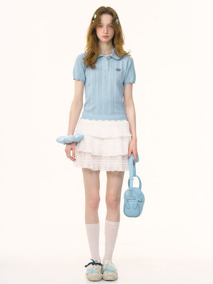 Doll Neck Knit Short Sleeve T-shirt【s0000012235】