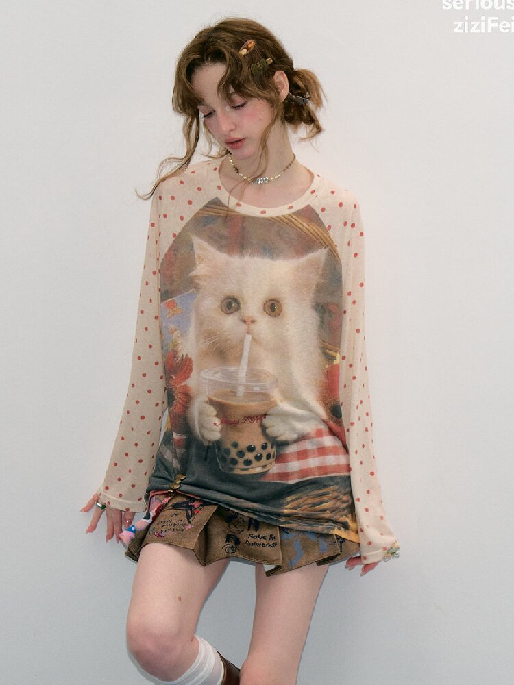 Raglan Cat Print Long Sleeve Top【s0000017886】