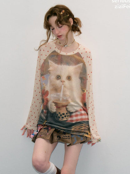 Raglan Cat Print Long Sleeve Top【s0000017886】