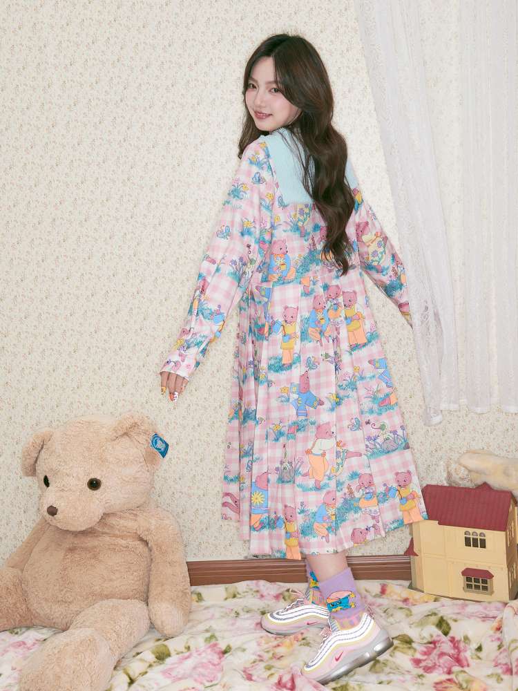 Pink Bear Illustration Print Dress【s0000014496】