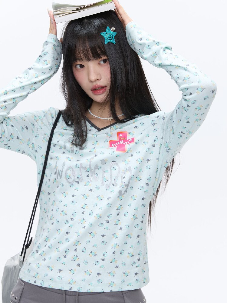 Full Print V Neck Long Sleeve Top【s0000016406】