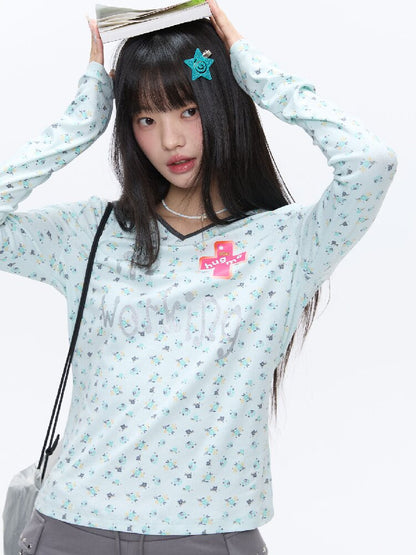 Full Print V Neck Long Sleeve Top【s0000016406】