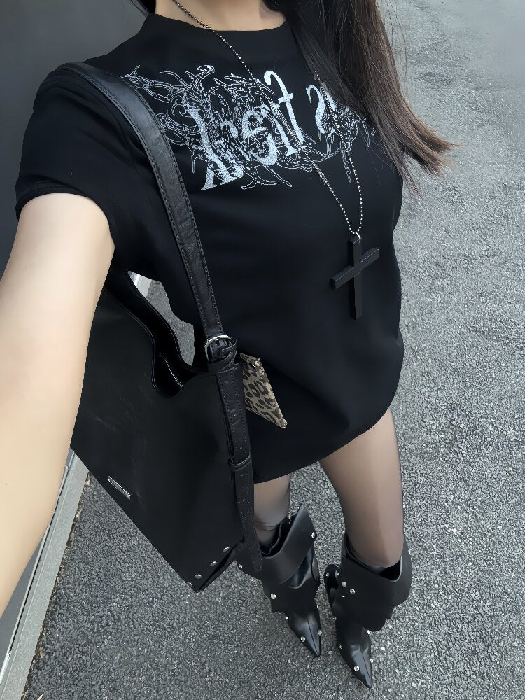Gothic Slogan Print Crew T-Shirt【s0000018219】