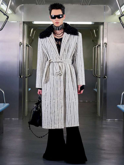 Thorn Stripe Panel Fur Collar Coat【s0000014642】