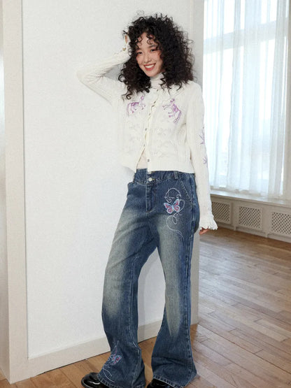 Butterfly Embroidered Slightly Flared Jeans【s0000013987】