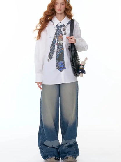 Loose tie print white long sleeve shirt【s0000014350】
