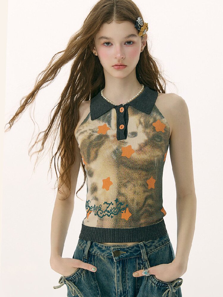 Starfall Cat Print Knitted Vest【s0000016849】