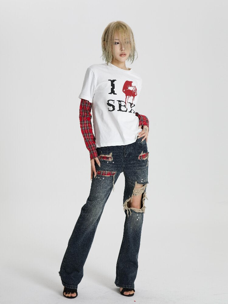 Red Plaid Patch Ripped Jeans【s0000018559】