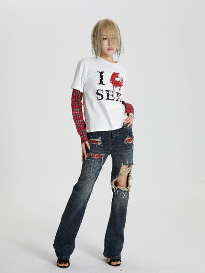 Red Plaid Patch Ripped Jeans【s0000018559】