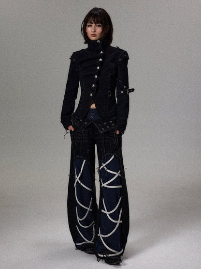 Street Punk Strap Faux Denim Pants【s0000018495】