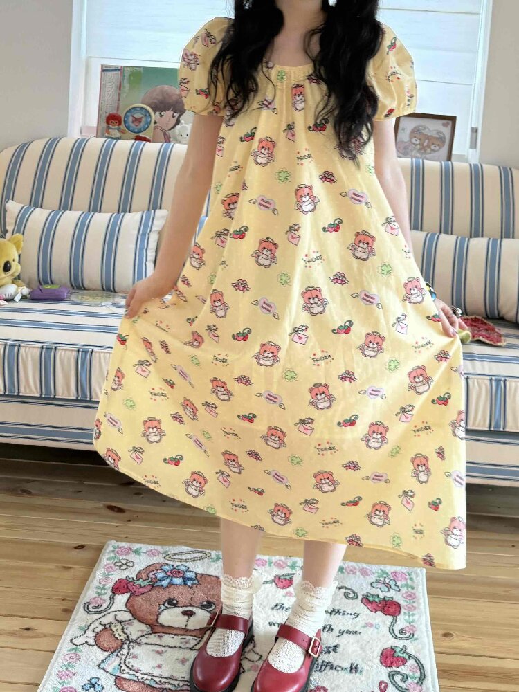 Bear Print Puff Sleeve Long Dress【s0000017512】