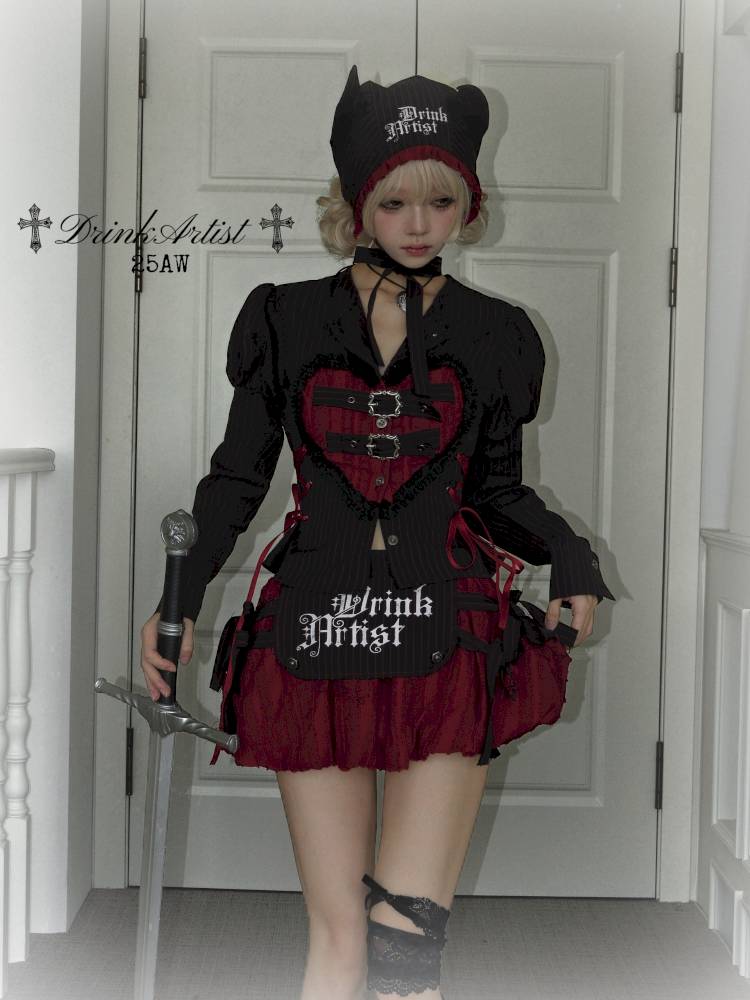 Lace-Up Striped Puff-Sleeve Lantern Skirt Shirt【s0000014435】