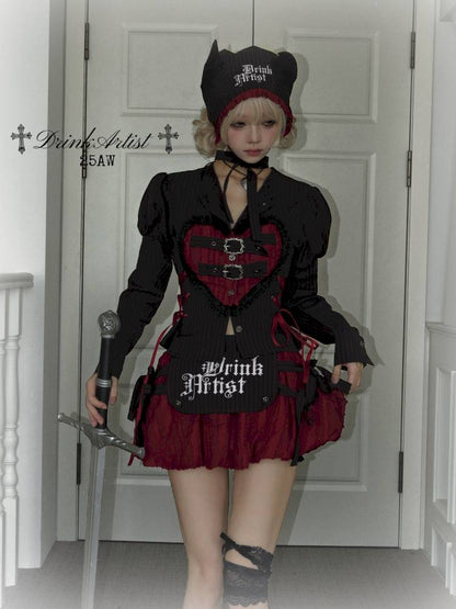 Lace-Up Striped Puff-Sleeve Lantern Skirt Shirt【s0000014435】