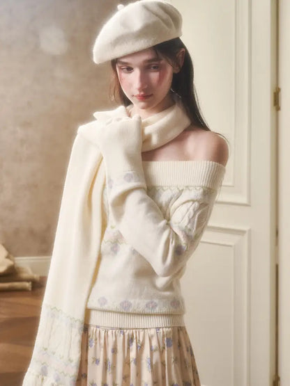 Fresh and Soft Cotton Sweater, Scarf, Floral Skirt【s0000014323】