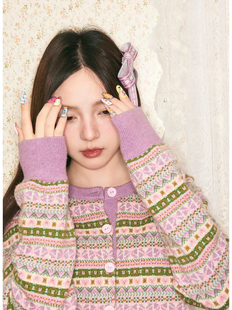 Geometric Knit Cardigan and Skirt Set【s0000014142】