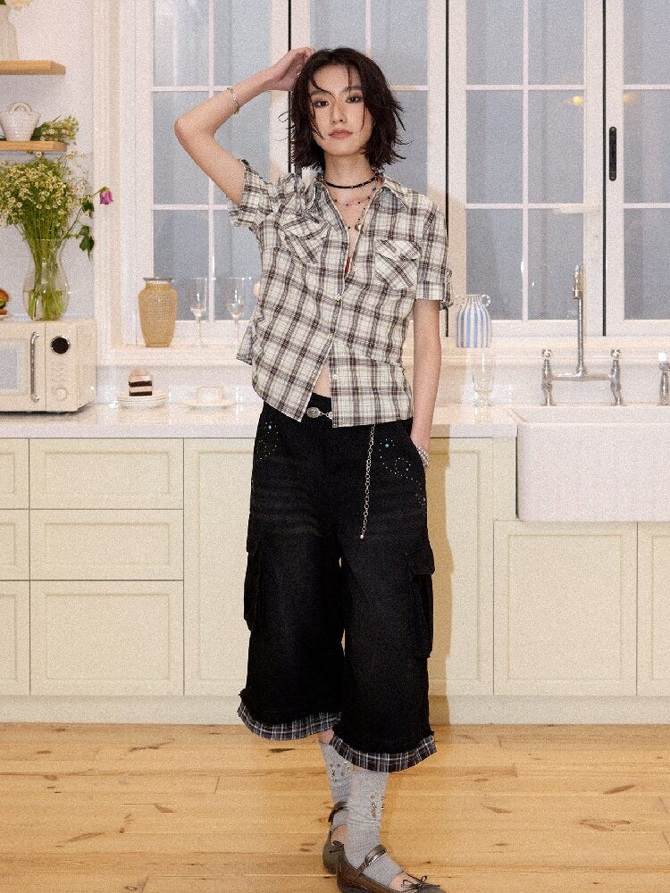 Spliced Plaid Diamond Wide Jeans【s0000016659】