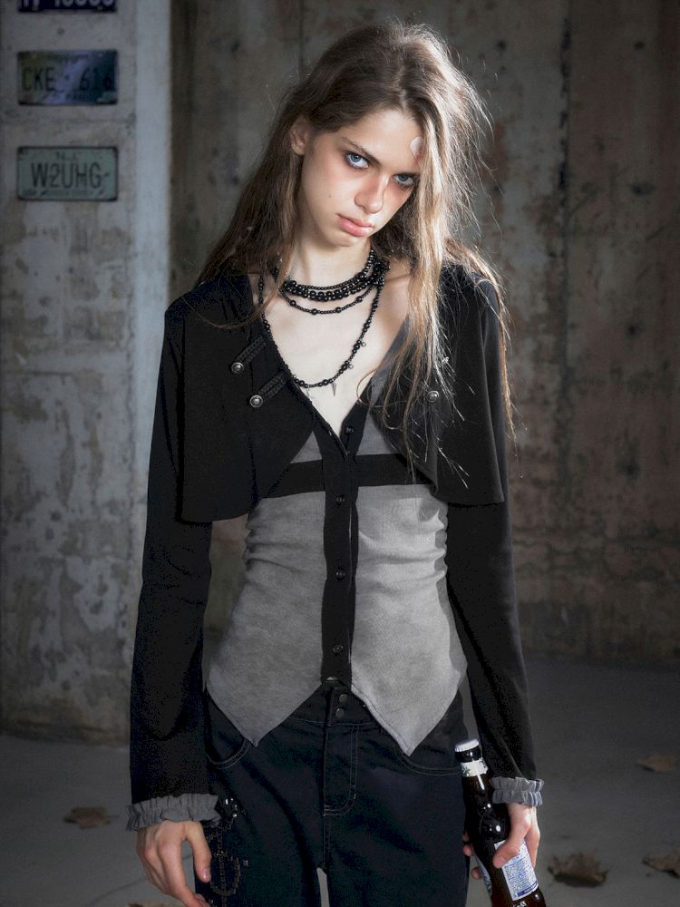 Hooded False Two Black Gray Knit Cardigan【s0000013890】