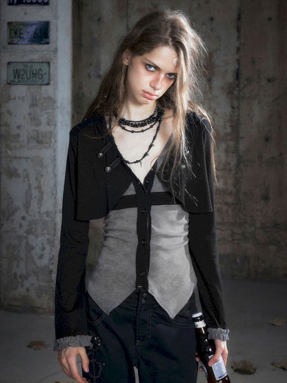 Hooded False Two Black Gray Knit Cardigan【s0000013890】