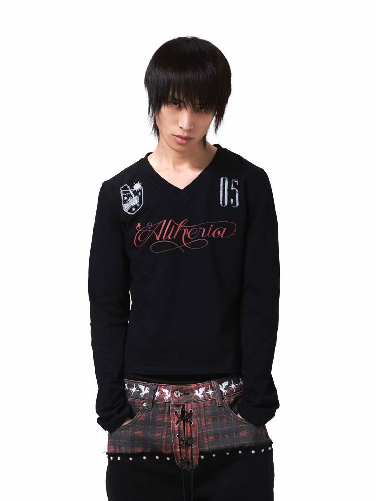 Dark V Neck Gauze Long Sleeve Shirt【s0000018197】