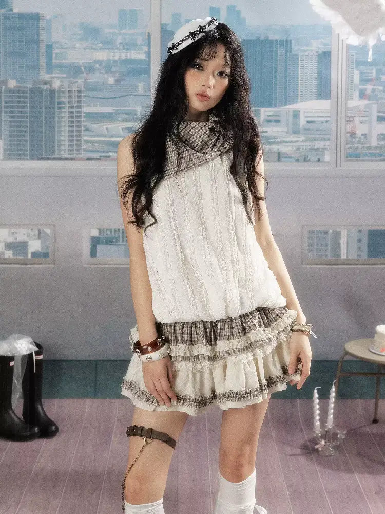 Plaid Ruffled Lace Short Sleeve Top【s0000016537】