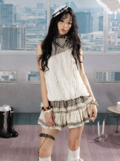 Plaid Ruffled Lace Short Sleeve Top【s0000016537】