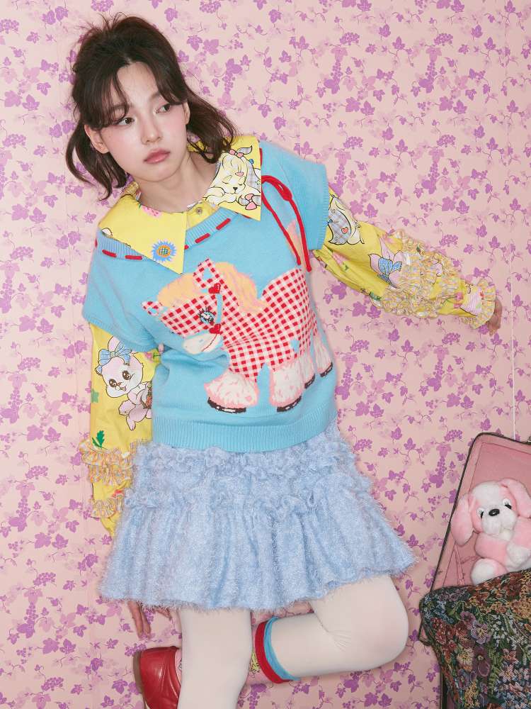 Blue Red Plaid Pony Knit Vest【s0000015023】