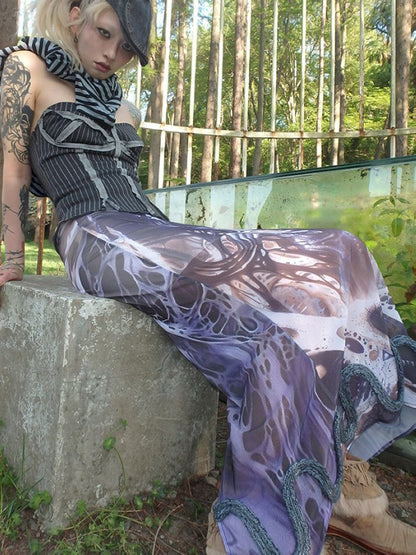 Printed Shaped Slit Mesh Half-body Dress【s0000012466】