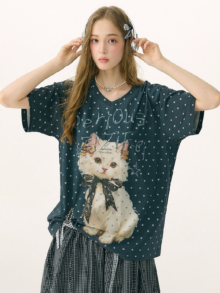 Loose Polka Dot Cat Print T-Shirt【s0000016856】