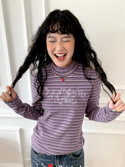 Retro Striped Embroidered Long-Sleeve T-Shirt【s0000013997】