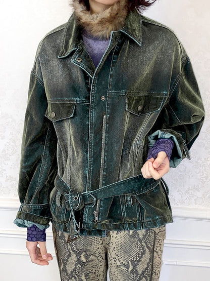 Loose Green Flocked Denim Jacket【s0000011638】