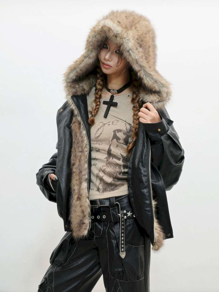 Fur Patchwork Flight Leather Jacket【s0000014838】