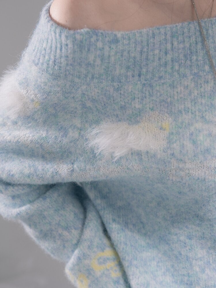 Blue One-Shoulder Jacquard Sweater【s0000015736】