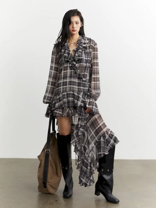 Ruffle asymmetrical chiffon plaid shirt dress【s0000014034】