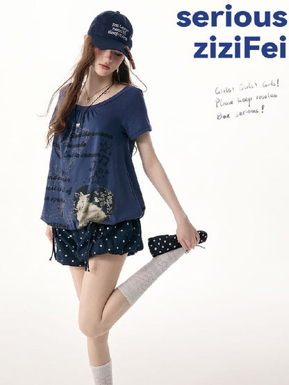 Cat Print Lazy Drawstring T-Shirt【s0000017253】