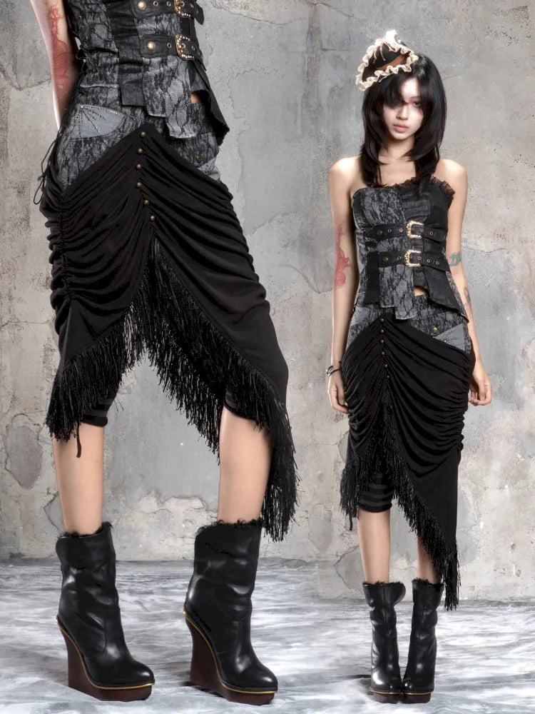 Asymmetric Knit Patchwork Drawstring Skirt【s0000014125】