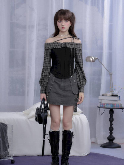 Check Pattern Strap One-Shoulder Shirt【s0000014370】