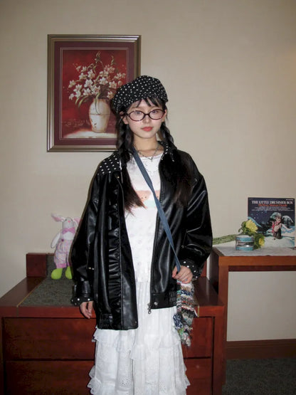 Lace-Trimmed Oversized Leather Jacket【s0000014167】