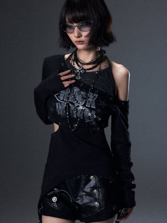 Punk Striped Halter Long-Sleeve T【s0000018003】