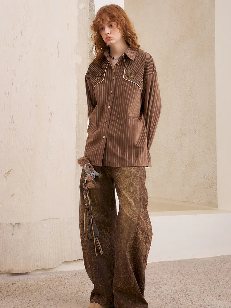 Velvet Beaded Contrast-Striped Vintage Shirt【s0000014079】