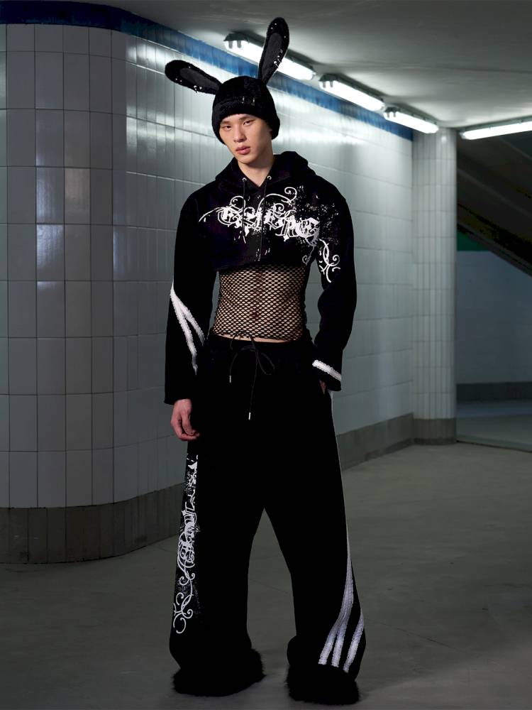 Splatter-Printed Lace-Trimmed Faux Two-Piece Hoodie【s0000014418】