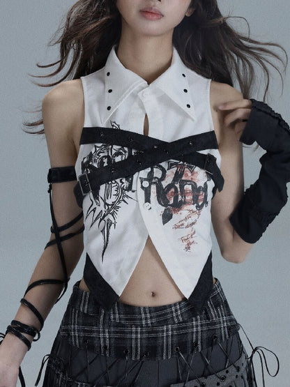 Punk Print Splicing Sleeveless【s0000016719】