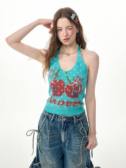 Wave Cherry Print Cropped Top Tank【s0000017305】