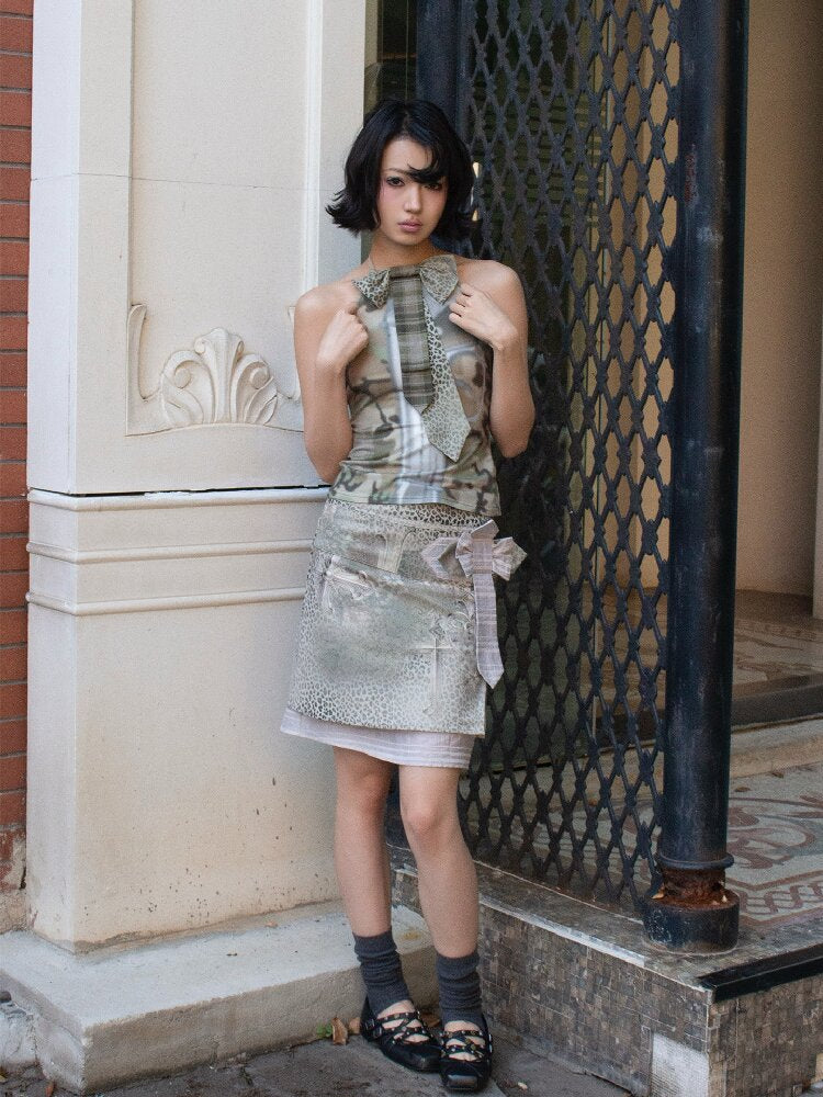 Cross Leopard Bow Midi Skirt【s0000018096】