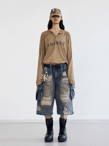 Washed and Ripped Denim Seven-Point Pants【s0000012476】