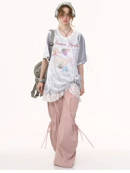 Lace Bow Gray Short Sleeve T-Shirt【s0000012245】