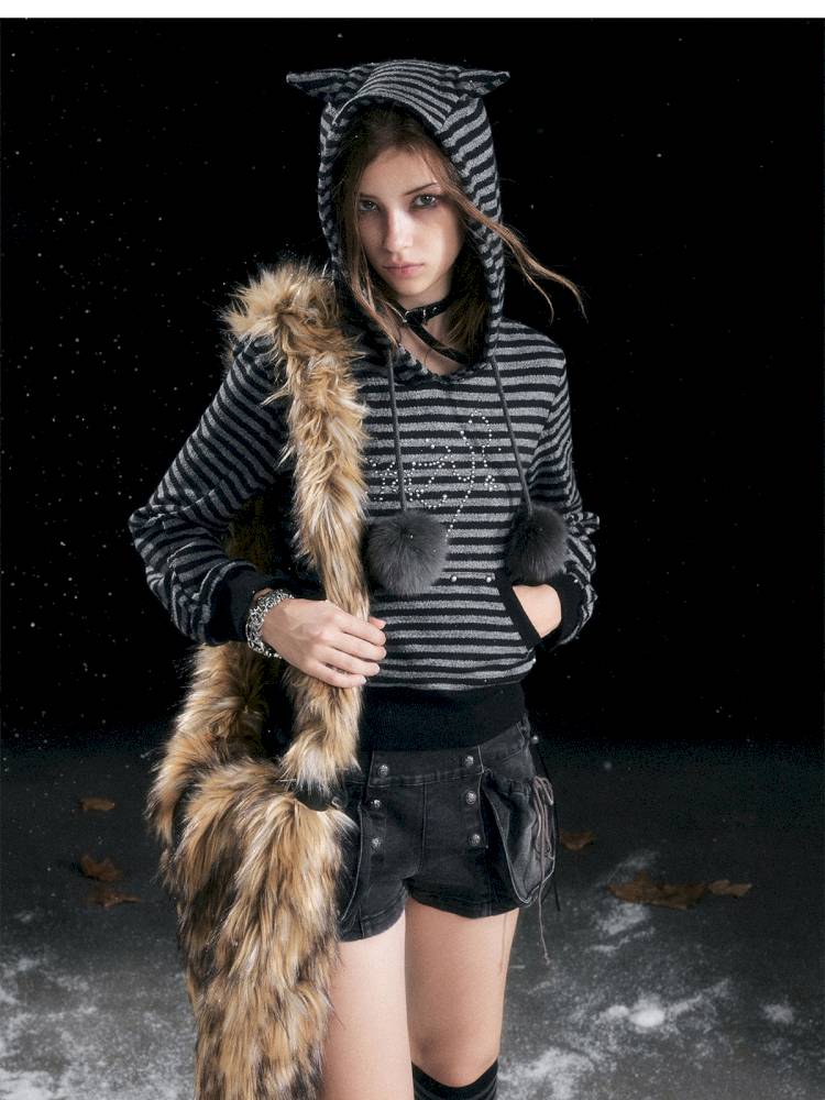 Striped Cat-Ear Hoodie【s0000014425】