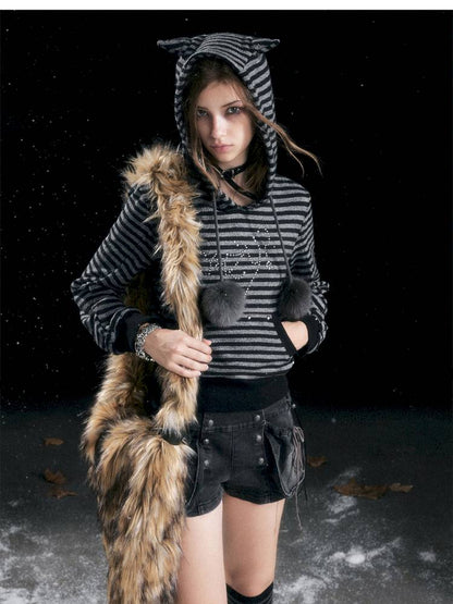 Striped Cat-Ear Hoodie【s0000014425】