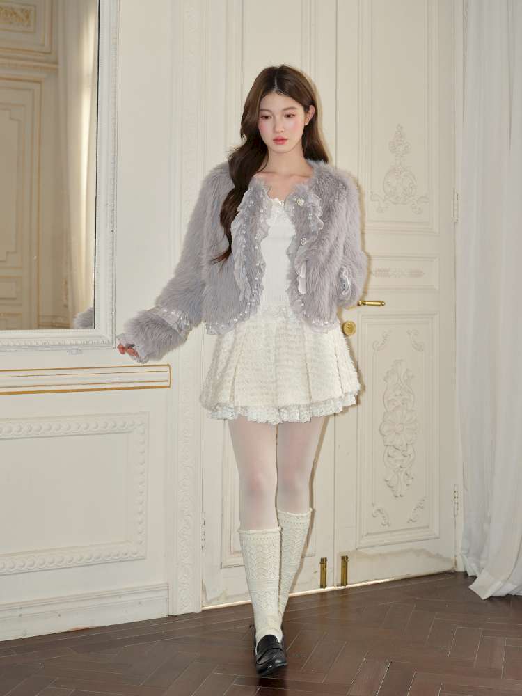 Gray Lotus Lace Bead Fur Jacket【s0000015049】