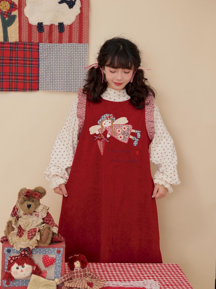 Lace Corduroy Red Vest Dress【s0000010346】