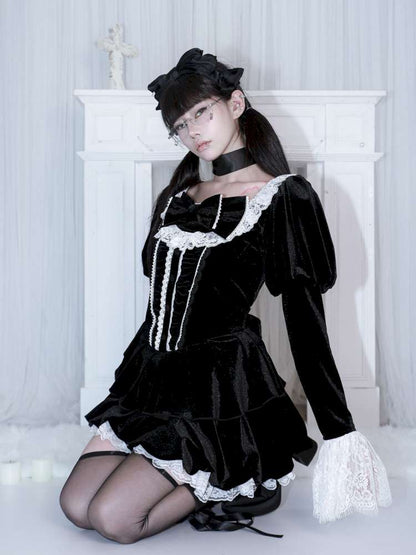 Bow Black Velvet Paneled Lace Dress【s0000014680】